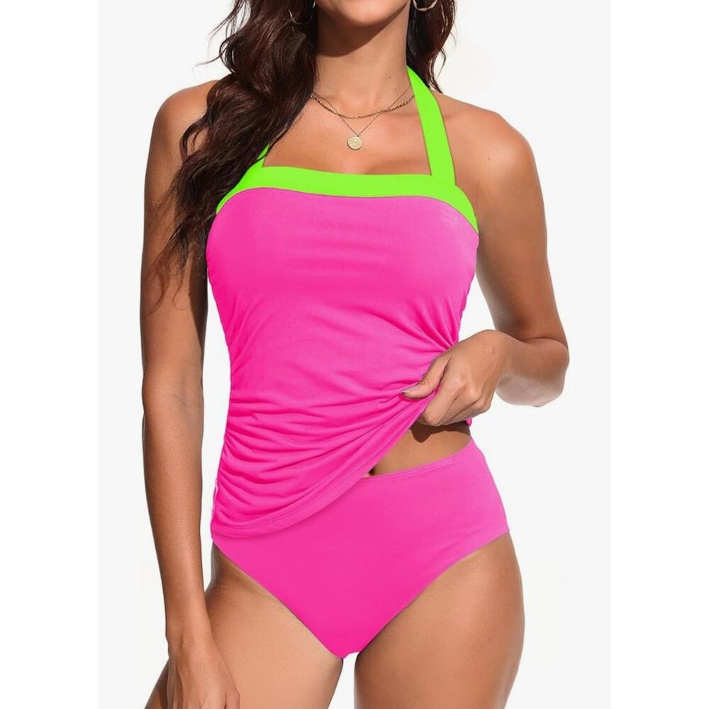 ◇31 MSRP $36 NWT DACI NEON COLOR-BLOCK HALTER TANKINI SET ♡SIZE M♡